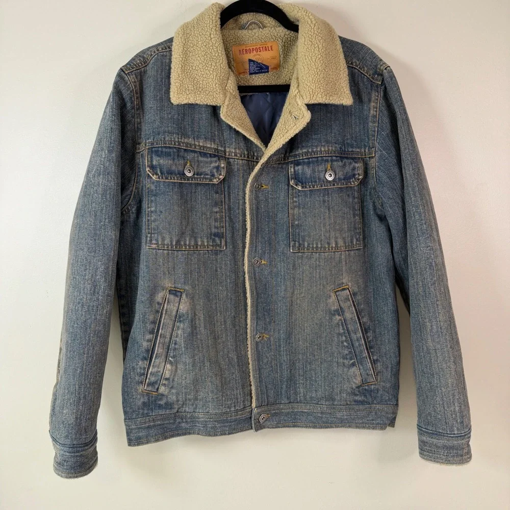 Aeropostale Medium Sherpa Collar Denim Trucker Jacket Utility Retro WEstern